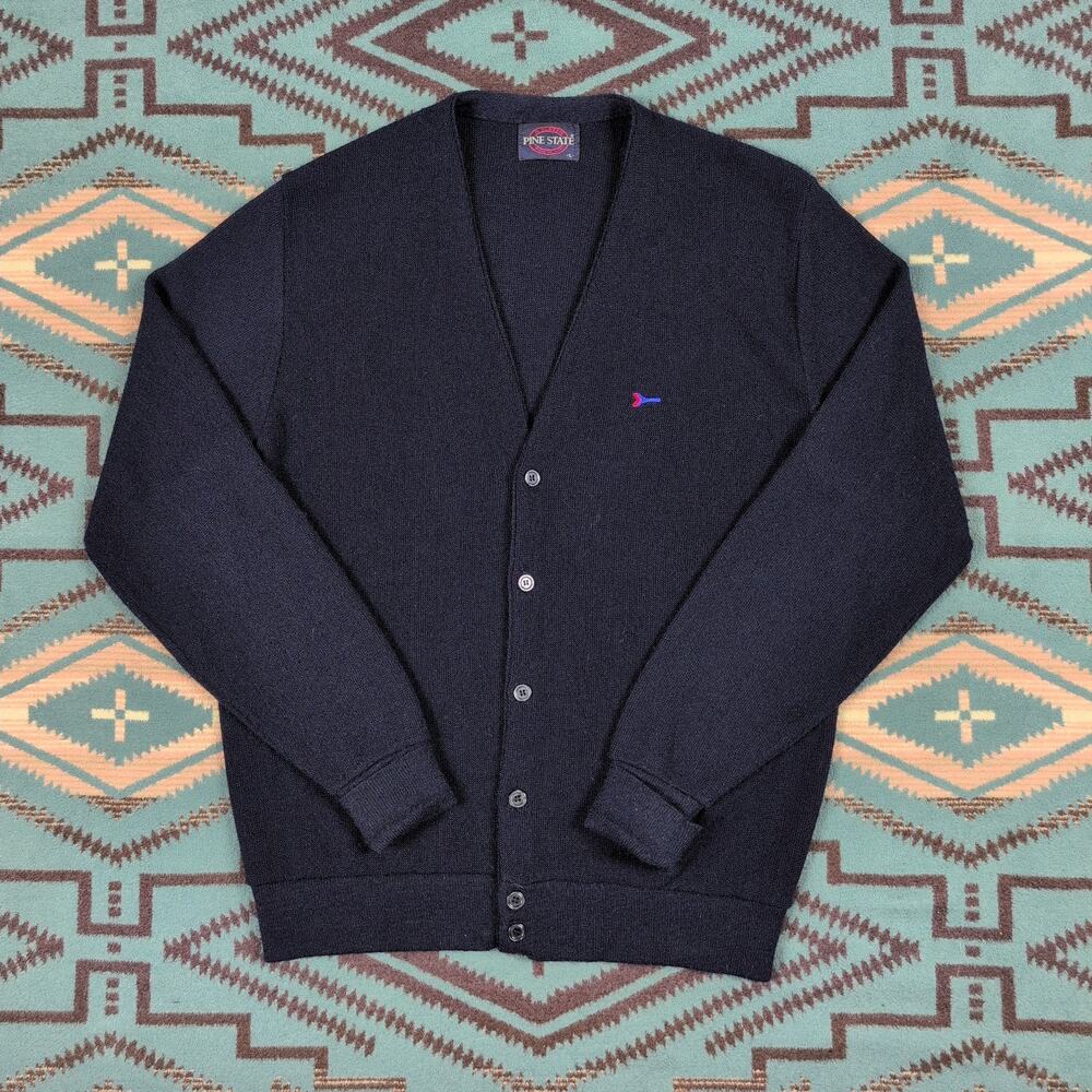 Vintage 80s Pine State USA M/L Navy Cardigan Sweater USA Delta Airlines Logo